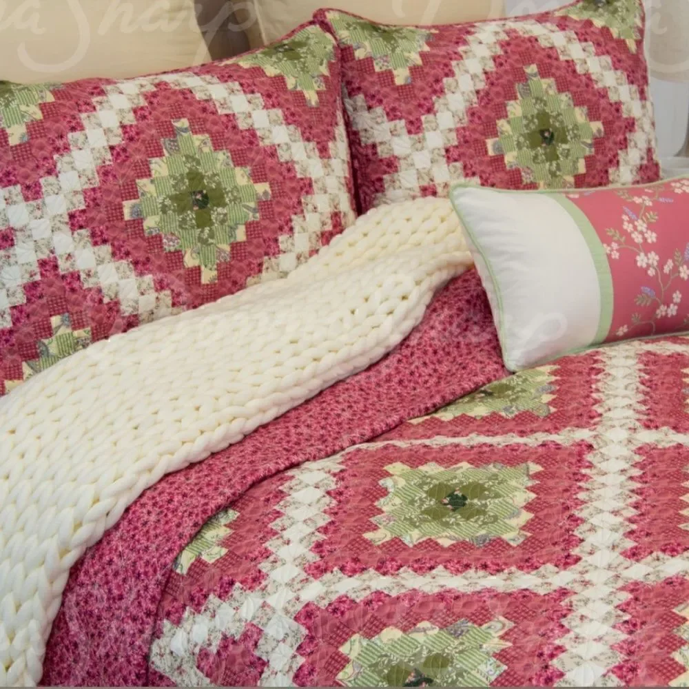 NEW! Sweet Melon QUEEN Size Printed Quilt Set Diamond Farmhouse Country Boho